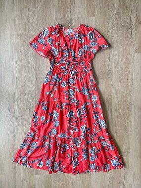 SUGARLIPS Red & Blue Floral Palmer Tiered Cotton Poplin Maxi Dress LARGE